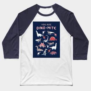 Origami dino friends // quote you're dino-mite // navy blue background red white and beige dinosaurs Baseball T-Shirt